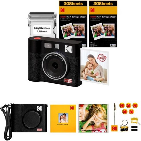 KODAK 미니샷 3 ERA 4PASS 2in1 즉석 카메라 및 포토 프린터 옐로우 + 이니셜 8매 60매, Black KODAK, Camera + 68 Sheets + Accessori, 1개