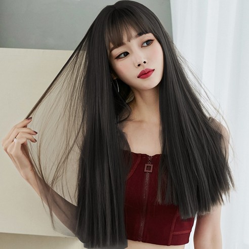 하이유니 풀뱅 스트레이트 펌 롱헤어 통가발 58cm + 가발망 + 가발거치대 세트, 챠콜블랙
