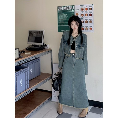 JINPEI 데님 스커트 세트 여자 봄 숏 데님 코트+데님 스커트 투피스