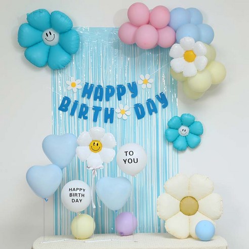 [피앤비유니티]스마일데이지 풍선스탠드 생일장식커튼세트 펌프포함, 1세트, 44)기본형 블루커튼세트