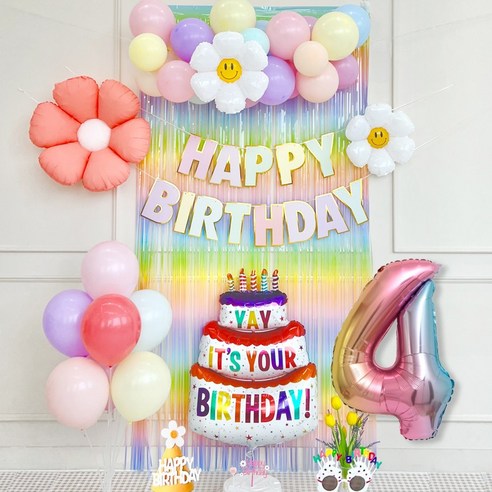 연지마켓 마카롱 풍선 생일 가랜드 케이크 데이지 파티 커튼 세트, 1세트, 05) 레인보우숫자 4