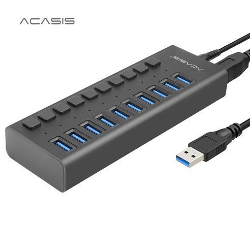 Acasis USB 3.0 허브 멀티 10 포트 산업용 컴퓨터용 12V 전원 어댑터, 블랙
