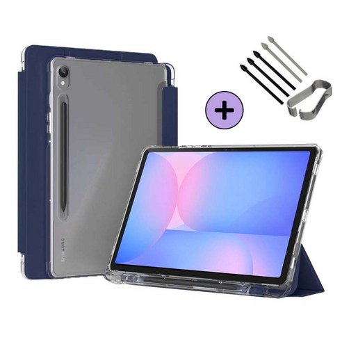 갤럭시탭 S10 FE / S10 FE 플러스 S펜슬 수납 투명 클리어 케이스 북커버 아이친구, 네이비, 1개