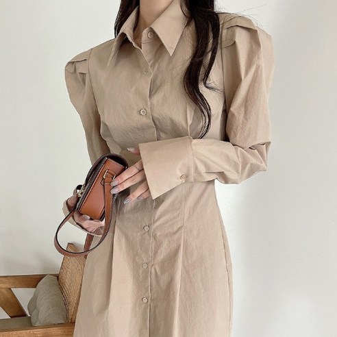 한국 세련된 가을 겨울 프랑스 스타일 간단한 틈새 옷깃 싱글 버블 슬리브 허리 슬리밍 셔츠 드레스 여성