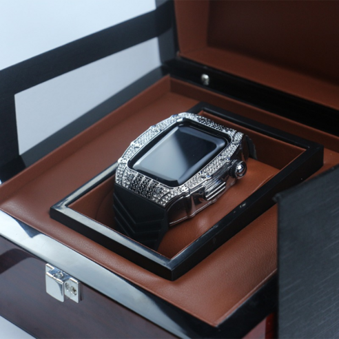 XXMZ 애플워치 호환 프리미엄 아이스 명품 고급 메탈 실리콘 일체형 밴드 스트랩, BK-G 골드