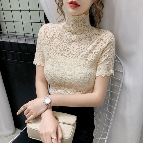 플라워 레이스 반목 레이어드 반팔 블라우스