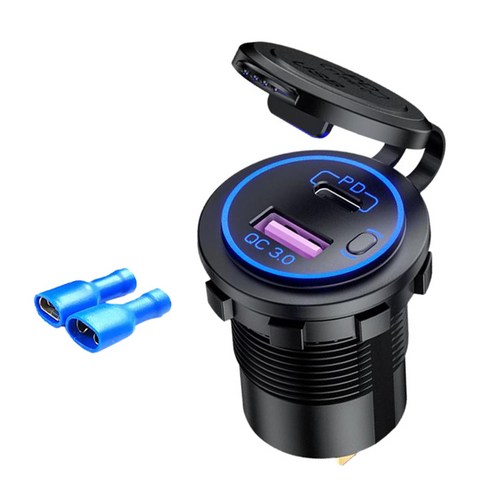 QC3.0 PD 충전기 소켓 LED 전압계 빠른 전원 배달 듀얼 포트 자동차 보트 해양 오토바이 빠른 배달 3.0, 블루 터미널, {"사이즈":"50x37x29mm"}, {"수건소재":"ABS 플라스틱"}