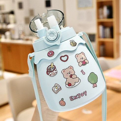 [LM] Kawaii 점보 파스텔 스티커 보온병 스테인레스 스틸 보온병 타임 마커 선물, {"크기":"800ml"}, Blue B