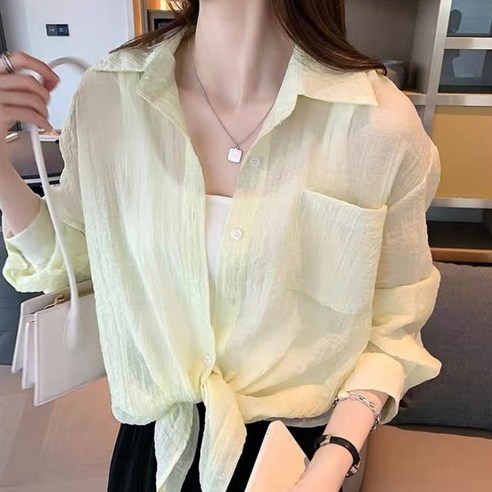 KORELAN 기질 경숙 셔츠녀 부드러운 홍콩풍 루즈핏 상의 얇은 에어컨 셔츠 자외선 차단 코트 습기