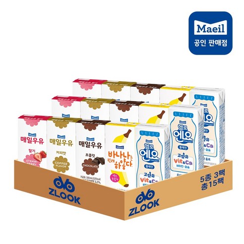 매일우유 각3개(총15개) 딸기3+초콜릿3+커피3+바나나3+엔요3, 200ml, 1세트