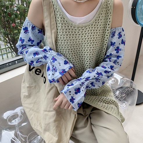 DFMEI Ins 여름 느슨한 선 스크린 아이스 실크 소매 여성용 양산 얇은 팔 팔 보호대 슬리브, DFMEI 호접란 블루