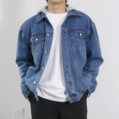 탈부착 오버핏 후드 청자켓 데님 워싱 2컬러 M-XL