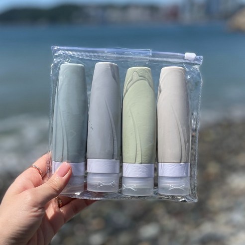 키젤 새지않는 실리콘 다목적 여행용 공병, 90ML 4개 세트(파우치+네임택 포함)