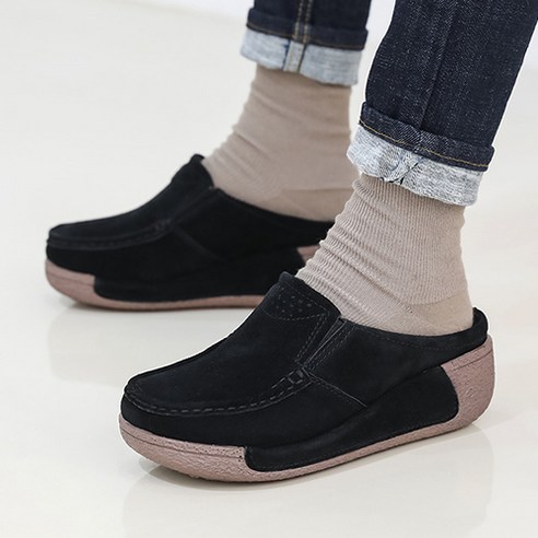 제이슈 소가죽 퍼안감 제트 통굽 털 슬리퍼 5.5cm