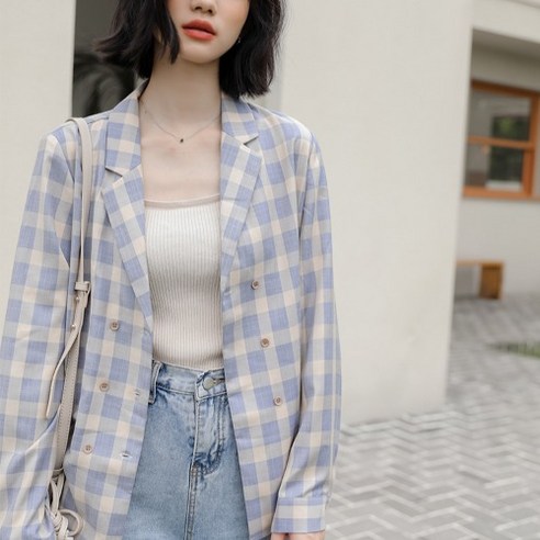 SU 복고풍 격자 무늬의 긴팔 셔츠 여성의 디자인 감각 틈새 한국어 스타일 프랑스어 스타일 세련된 고급 감지 어퍼 의류 정장 코트