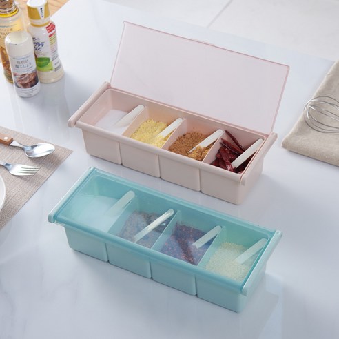 주방 양념 수납함 콤비네이션 다기능 주방 콤비네이션 양념통 플라스틱 소금통 숟가락, 4칸 31x12x7.5cm, 짙 은 남색