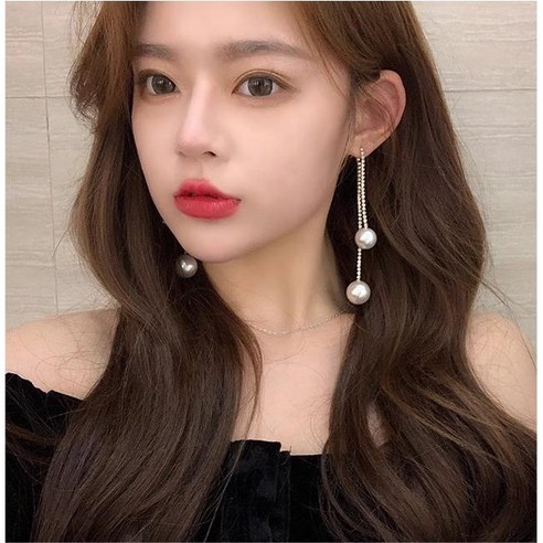 주포어유 큐빅 샤이닝 더블 진주 태슬 귀걸이