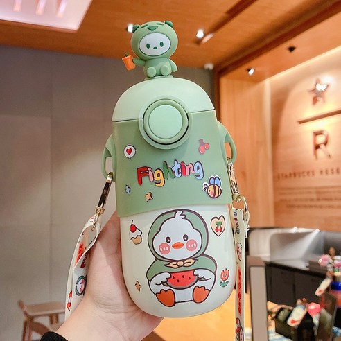 [LM] 500ml Kawaii 토끼 보온병 귀여운 스테인레스 스틸 보온병 물병 빨대와 절연 차가운 음료 컵, {"크기":"500ml"}, Green A