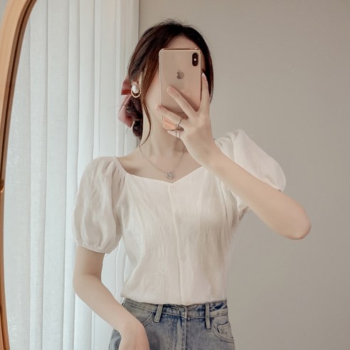 KORELAN 리얼샷 여름 시크한 솔리드 퍼프소매 일자 숄더 자카드 브이넥 상의