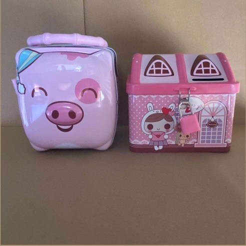 Fuhe 아이디어 선물 철 벨트 잠금 저금통 저금통 생일 선물 만화 돼지 넘어짐 방지 저금통 핑크 유니콘 작은 집, 집핑크+손돼지핑크 두 개