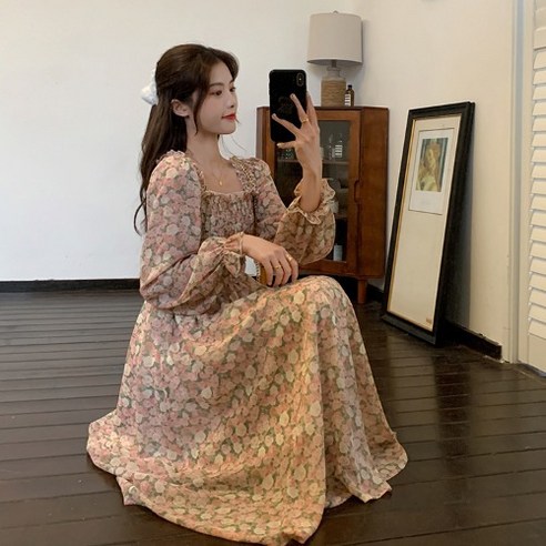 KORELAN 꽃 드레스 여성 봄 새로운 어 버전 중간 길이 무릎 위 A 라인 스커트 긴팔 쉬폰 롱 스커트 조수