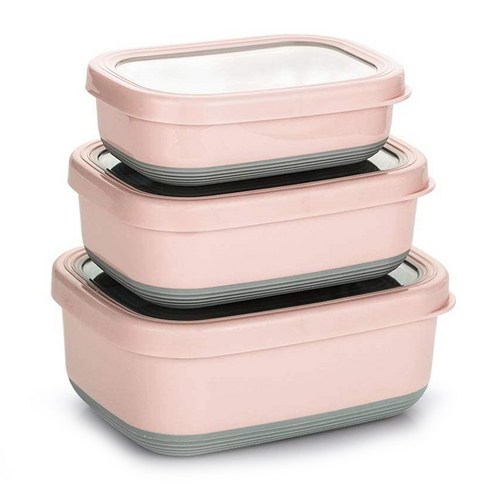 Deoxygene 도시락 식품 용기 미끄럼 방지 외부 누출 크리스퍼가있는 도시락 밀폐 된 그릇 3 종 세트 핑크, 1개, 분홍