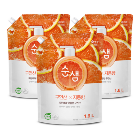 순샘 구연산 자몽 주방세제 리필, 1.6L, 3개