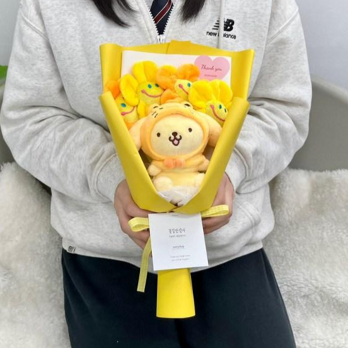 산리오 프렌즈 코스튬2 가방고리 스마일꽃4송이 키링 인형꽃다발 졸업선물 생일선물 졸업식꽃다발, 폼폼푸린, 1개