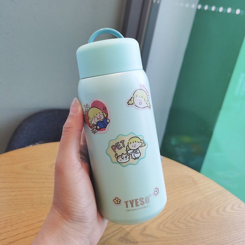 【DF】스테인리스 물 컵 간단한 모리 스타일 보온병 여성 하라주쿠 스타일 귀여운 간단한 소녀 컵, 【DF】블루 350 ml, 싱글컵+스티커+컵브러시