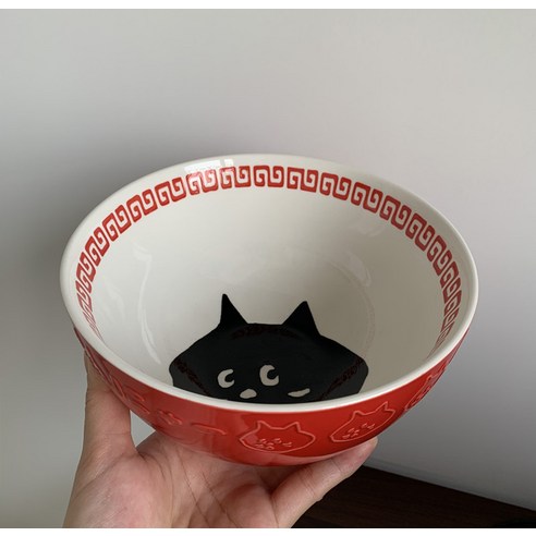 일본 고양이라면 그릇 놀란 작은 검은 고양이 수프 그릇 세라믹 큰 그릇 식기, 1 Lamian Noodles Bowl, 재고 있음