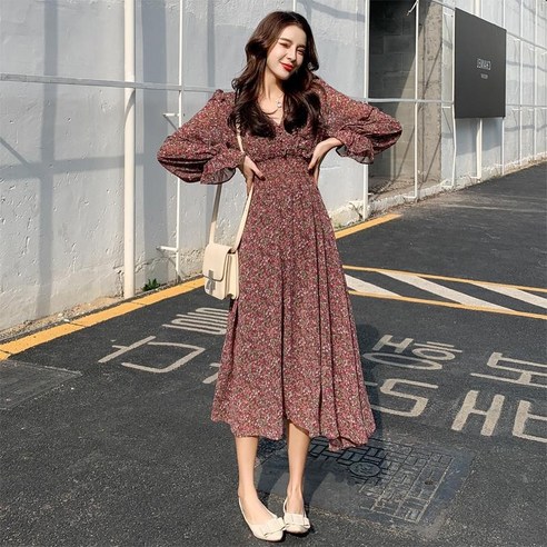 별하늘 여성 롱 플라워 원피스 긴 소매 V넥 바캉스 원피스