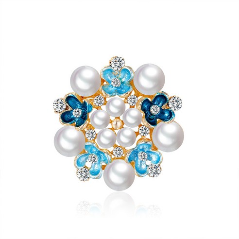 KORELAN 간단한 기질 푸른 꽃 다이아몬드 코사지 합금 진주 꽃 핀 숙녀 의류 절묘한 액세서리 브로치