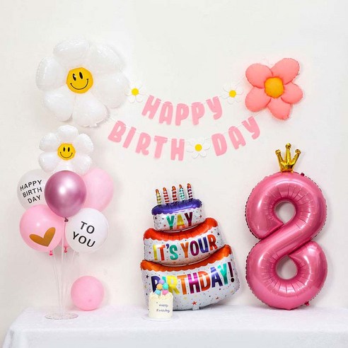 [피앤비유니티] 캐릭터무광데이지 생일케익풍선세트 스탠드형, 04-08)무광데이지생일풍선세트 8 핑크, 1세트