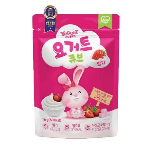 [새로운맛 2종 추가(바나나맛, 사과맛)]치키몽키 요거트큐브 6가지맛(플레인, 딸기, 블루베리, 망고, 바나나, 사과), 1개, 딸기맛, 16g