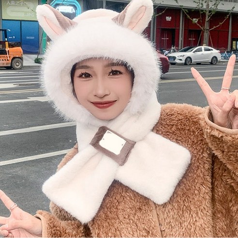 마제스티컬러 여성 겨울 바라클라바 후드워머 넥 워머 여우 털모자, 화이트, 1개