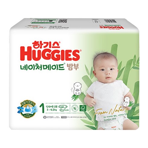아기, 안전, 안락함 기저귀  하기스 네이처메이드 밤부 밴드형 기저귀 소형 1단계 신생아용 공용, 68매