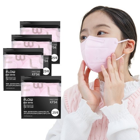 FLOW 슬림핏 KF94 새부리형 마스크 어린이 초등학생용 소형, 핑크, 4개, 25매입