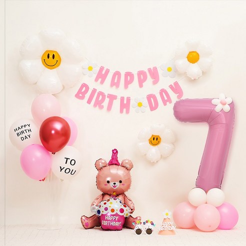 [피앤비유니티] 데이지곰돌이 가랜드형 생일풍선세트, 04-7)데이지곰돌이 가랜드형-핑크 숫자7, 1세트