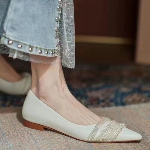 여성용 펄 라인 슬림 웨딩 플랫 구두