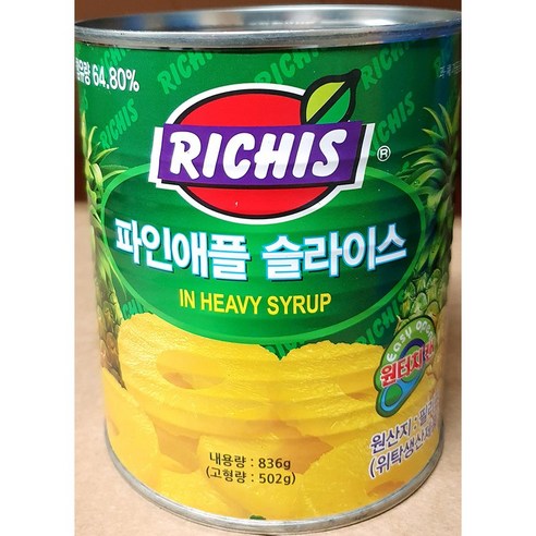 식당용 리치스 파인애픨 캔(슬라이스 836g)X4, 1개, 3344g 파인애플슬라이스
