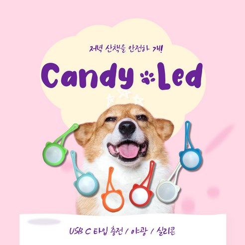 반려견 충전식 LED 블링커 실리콘 무소음 팬던트 야간산책 용품, 1개