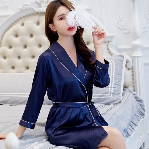 DFMEI 가운 여성 여름 가운 긴팔 가운 절친단 잠옷 파 아침 가운 아이스 실크잠옷, 801-네이비 블루, 엘