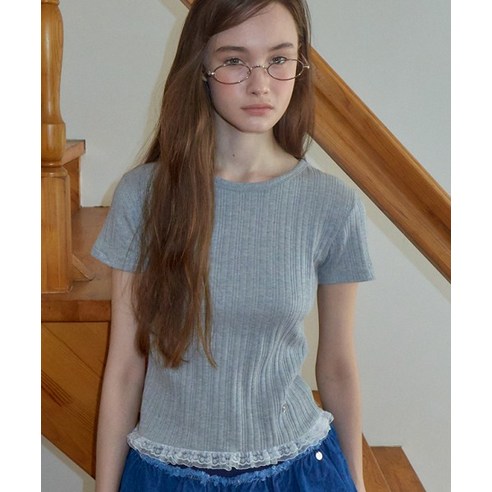 Tシャツ・カットソー RONRON LACE FRILL SLIM CROP PLEATS T SHIRT BLACK RR25AST4140 RONRON LACE FRILL SLIM CROP PLEATS T SHIRT