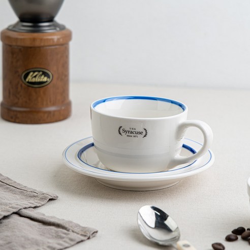 시라쿠스 메이플 클래식 감성 카페 잔(200ml)+소서 커피잔세트, 1P, 라인블루