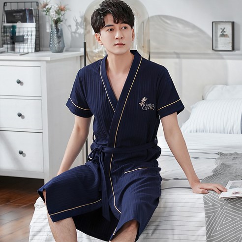 DFMEI 잠옷 남성용 여름 목욕 가운 면 잠옷 드레싱 가운 반팔 원피스 유카타 남성용 긴 기모노 남성용, DFMEIGZ1821891, 엘