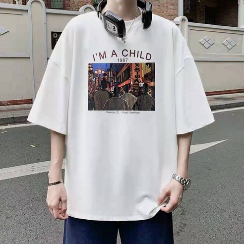 DFMEI 순면 반팔 티셔츠 남성 패션 뚱뚱보 박스 홍콩풍 빅사이즈 일본계 캐릭터 뉴트렌드
