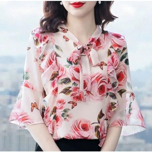 미루월드 여름 블라우스 꽃무늬 여성 쉬폰 셔츠 루즈핏 레이스
