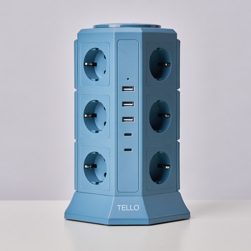 텔로 (에디션) 타워 멀티탭 17구(USB-3 CTYPE-2) KC인증 접지 안전 고급 멀티탭 선정리 가능한 인테리어 귀여운 디자인 예쁜색상, 2m, 딥블루, 1개