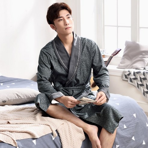 DFMEI-Y 브랜드 잠옷 여성 봄과 가을 커플 목욕 가운 순수 코튼 잠옷 남성 여름 긴 소매 확장 목욕 가운 대형 사이즈 긴팔 가운, {"패션의류/잡화 사이즈":"XXXL 크기"}, DFMEI 남성 96392