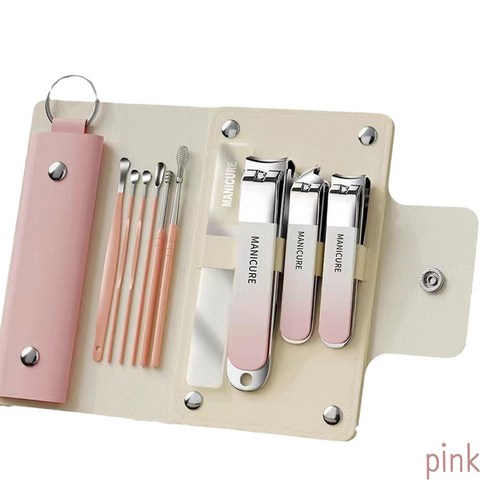 찐굿 10종 손톱 깎기 세트 안튀는 깍이 휴대용 가죽케이스 내성발톱관리 귀이개, 1세트, 핑크10종